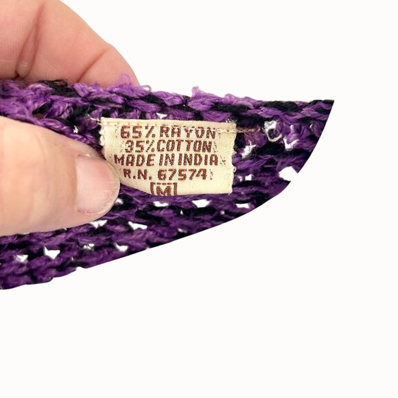 Vintage Black & Purple Knit Cap Sleeve Sweater Top W/ Embroidered Floral Design - Picture 6 of 6